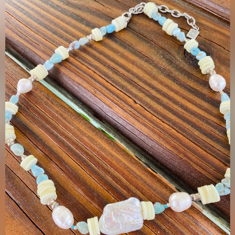 DANNIJO Riviera Freshwater Pearl, Heishi, & Larimar Beaded Necklace NWT - Picture 10 of 14